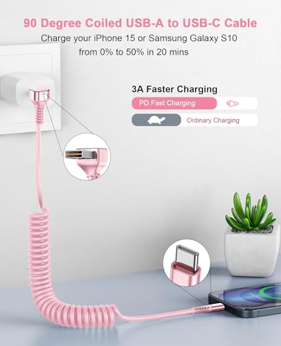 USB C Cable 90 Degree, 2Pack 6FT Coiled USB A to USB C Cable for Car-Pink - color: Pink, size: 6FT