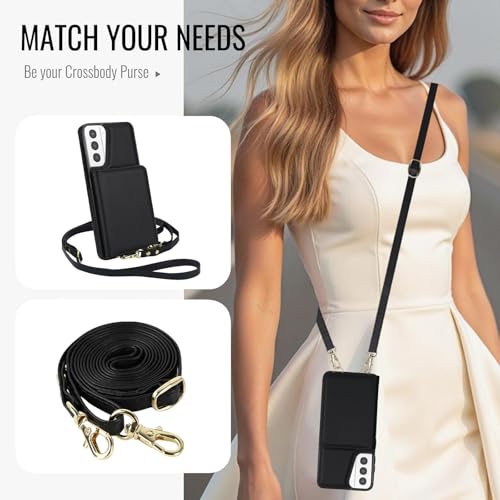 Phone Case for Samsung Galaxy S21 Plus S21+ 5G Wallet Cell Cover with Tempered Glass Screen Protector Wrist Crossbody Strap RFID Blocking Stand Card Holder S21+5G S21plus 21S + S 21 21+ G5 Women Black - color: Black