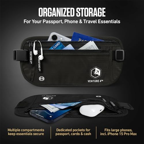 VENTURE 4TH Travel Money Belt, RFID Blocking Passport Holder - Pure Black - color: Pure Black