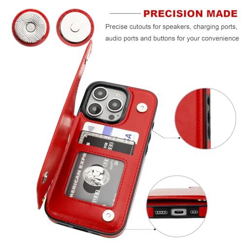 ONETOP for iPhone 16 Pro Wallet Case with Credit Card Holder,Red | Kickstand,ID/Cash Holder,Case Wallet with Card Slots,Double Magnetic Clasp,Durable PU Leather Shockproof Cover for Women Men - color: Red