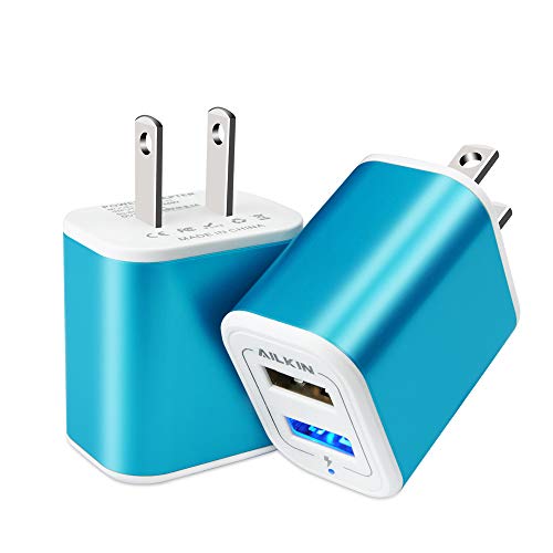 USB Plug in Wall Charger, Charging Block, 2Pack 2.1A Fast Charge Dual Port - color: Blue