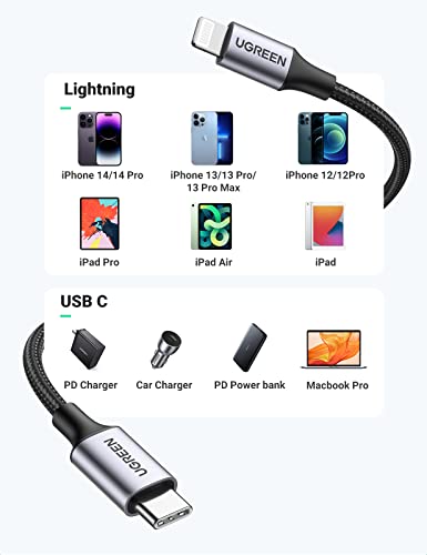 UGREEN USB C to Lightning Cable 3FT - MFi Certification Lightning Cable Compatible with iPhone 14/14 Pro/14 Pro Max, iPhone 13/12/11/X/XR/XS/8 Series, iPad 9, AirPods Pro, and More - size: 3FT