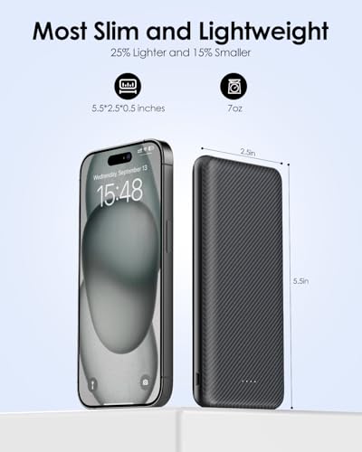 10000mAh Portable Power Bank with USB-C 15W PD Fast Charging - Black - color: Black