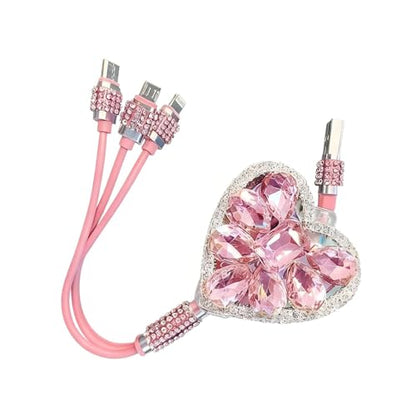 Multi Charging Cable, 3 in 1 Retractable Car Charger, Fast Charging Data Car Cable with Type-C/Lightning/Micro USB Connectors, Universal for Mobile Devices (Pink)
