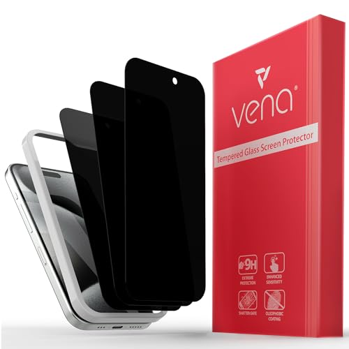 VENA 2-Way Privacy Tempered Glass Screen Protector Compatible With Apple iPhone 15 Pro (6.1"-inch) - 3 Packs, (9H Hardness, Shatterproof Glass) Anti-Spy Bubble Free Film with Installation Frame - color: Privacy