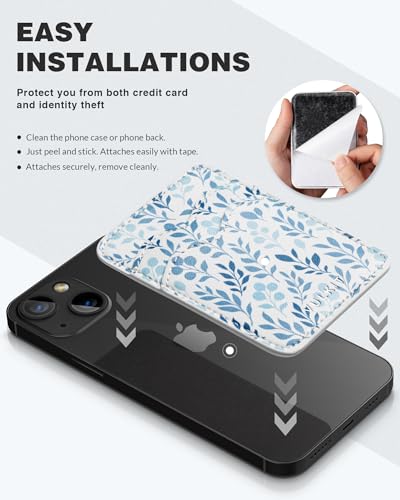 VULKIT Stick on Card Holder Compatible for iphone Leather Cell Phone Wallet Credit Card Case Strong Sticker for Women - color: Blue -Floral
