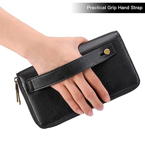 GAEKEAO RFID Leather Wristlet Wallet for Women with Grip Strap | Large capacity clutch wallet, credit card holder, wrist strap, zipper purse, travel and shopping - color: A03 Retro Black
