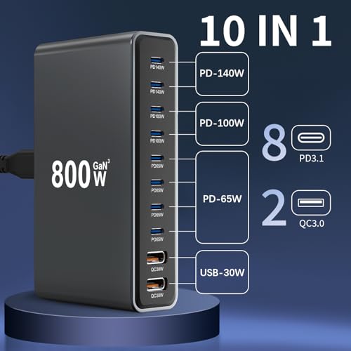 800W GaN3 10-Port USB-C Charging Station - Fast Charger for Laptops, Tablets, Smartphones, and More (Black) - size: 800WGaN3