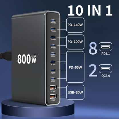 800W GaN3 10-Port USB-C Charging Station - Fast Charger for Laptops, Tablets, Smartphones, and More (Black) - size: 800WGaN3