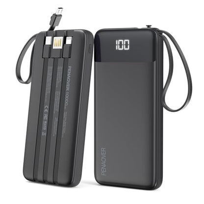 Portable Charger Built-in Cables,10000mAh Fast Charge Power Bank for iPhone - color: Black