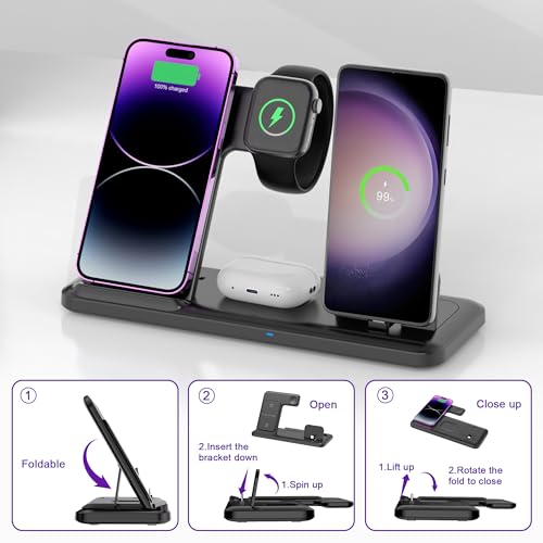 Wireless Charger for iPhone Charging Station, Foldable 4 in 1 Fast Charging for iPhone 16 15 14 13 12 Pro Max Plus, Charger Stand for Apple Watch & Airpods 4 3 2 Pro,for Samsung Series Black