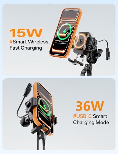 Kewig Motorcycle Phone Mount with Qi 15W Wireless & 36W USB C Charging Port