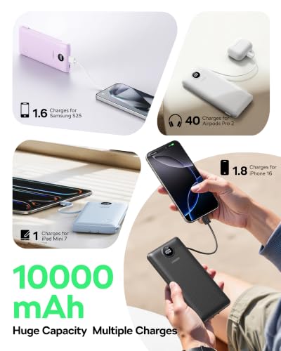 VEGER Portable Charger, 10000mAh Power Bank Built in Wall Plug and Cables - color: Grey