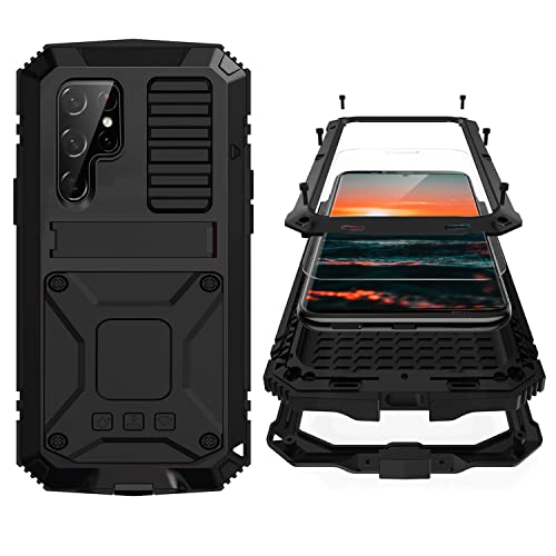 Simicoo Samsung Galaxy S22 Plus Aluminum Metal Bumper Silicone Case with Stand, Water Resistant, Heavy Duty Rugged, Built-in Screen Protector, Black - color: Black, size: S22 Plus