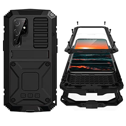 Simicoo Samsung Galaxy S22 Plus Aluminum Metal Bumper Silicone Case with Stand, Water Resistant, Heavy Duty Rugged, Built-in Screen Protector, Black - color: Black, size: S22 Plus