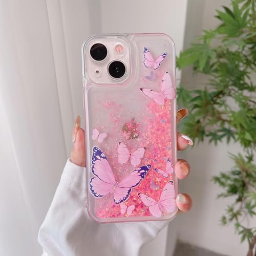 Compatible with iPhone 13 Glitter Butterfly Case Glow in The Dark Women Girls Girly Bling Sparkle Flowing Quicksand Light up Case Soft TPU Bumper Luminous Clear Phone Cover, Pink - color: Pink, size: iPhone 13