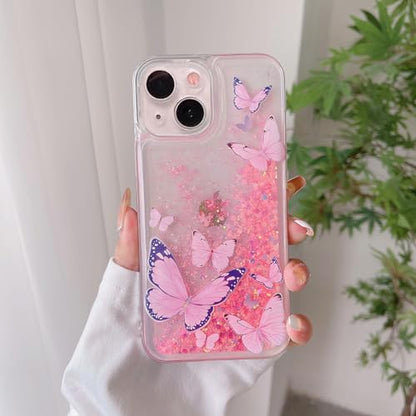 Compatible with iPhone 13 Glitter Butterfly Case Glow in The Dark Women Girls Girly Bling Sparkle Flowing Quicksand Light up Case Soft TPU Bumper Luminous Clear Phone Cover, Pink - color: Pink, size: iPhone 13