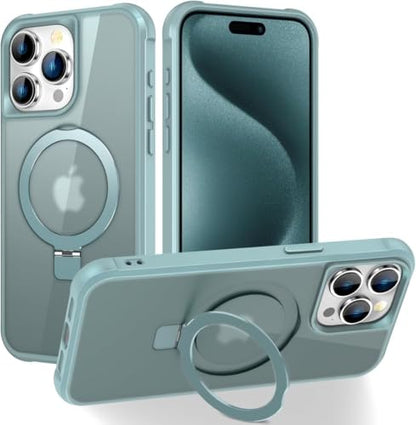 CHAOFEnG Magnetic Compatible with iPhone 15 Pro Case with Stand [Military Grade Drop Tested][Compatible with Magnet] Ring Translucent Slim Hard Back Soft Edge, Teal Green - color: Teal Green, size: iPhone 15 Pro