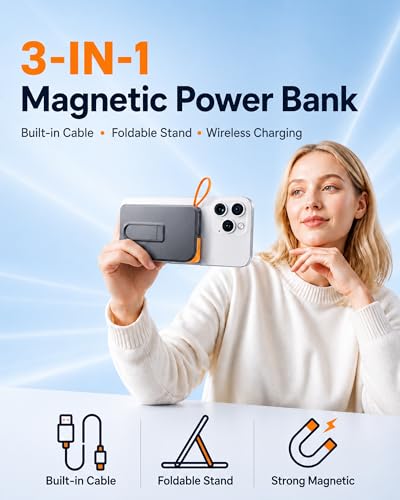 for Magsafe Portable Charger, 3-in-1 Magnetic Power Bank with Stand, 10000mAh Wireless Battery Pack Fast Charging with Built in Cable(USB C), Powerbank for iPhone17/16/15/14/13 Travel & Daily, Green | Built-in USB C Cable, Foldable Stand for Viewing, Up t