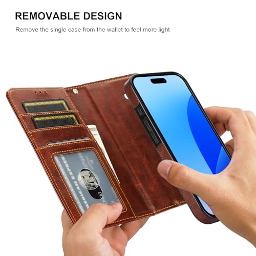 Bocasal Detachable Wallet Case Card Holder for iPhone 16, Brown | RFID Blocking Kickstand Card Slots Holder PU Leather Magnetic Shockproof Wrist Strap Removable Flip Protective Cover 6.1 inch - color: Brown
