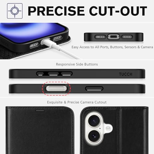 TUCCH Wallet Case for iPhone 16 (6.1") 2024, 4 Card Holders, Black & White | RFID Blocking, Viewing Stand, Shockproof TPU Shell, PU Leather, Magnetic Closure, Protective Folio Flip Cover - color: Black & White