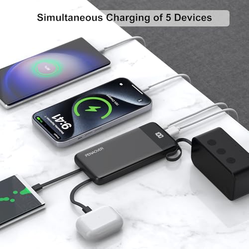 Portable Charger Built-in Cables,10000mAh Fast Charge Power Bank for iPhone - color: Black
