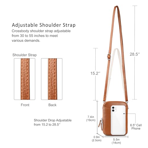 befen Genuine Leather Crossbody Cell Phone Purse for Women, Small Zip Around RFID Blocking Crossbody Wallet Bags - color: Cognac Brown