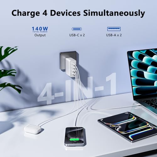 sccvee USB C Charger 140W GaN, 100W Laptop Power Adapter Fast Charger Block, 4-Port Charging Station USB C Power Adapte Compatible with MacBook Pro/Air/iPad Pro/iPhone 15/16/Galaxy S23/S24/Dell - color: 140W 4 port