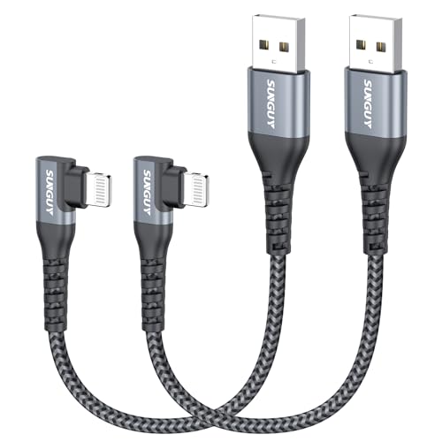 SUNGUY USB-A to Lightning Cable Right Angle 0.5FT 2-Pack, Short USB to Lightning iPhone Charger Cord 90 Degree Nylon Braided Compatible with iPhone 14/13/12/11 Pro Max Mini X XS XR 8 SE iPad9/mini - size: 0.5FT