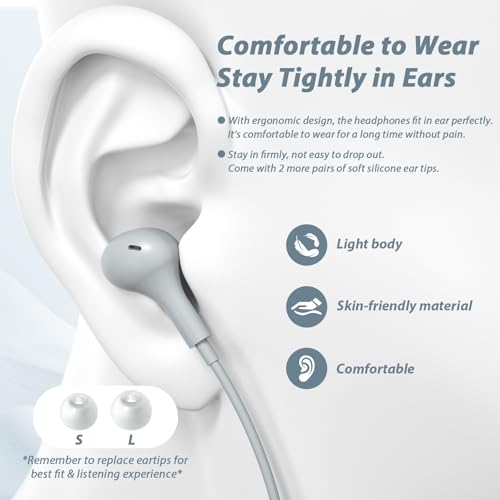 USB C Headphones for iPhone 18 Pro Max 17 16 15/Galaxy S26 FE Wired Earbuds - color: Sky-Grey