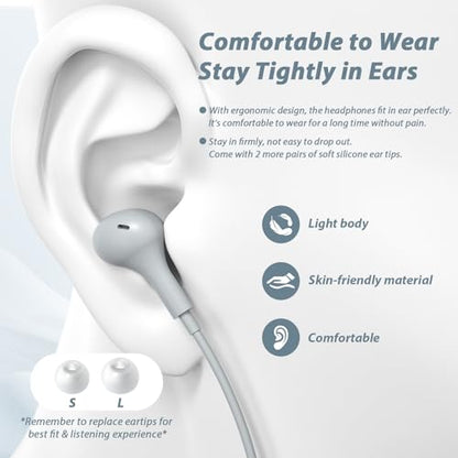 USB C Headphones for iPhone 18 Pro Max 17 16 15/Galaxy S26 FE Wired Earbuds - color: Sky-Grey