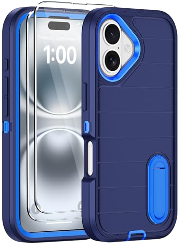 for iPhone 16 Case with Screen Protector, Heavy Duty Shockproof Drop Protection Military Grade Tri-Layer Full Covered Rugged Durable Cell Phone Cover with Built-in Invisible Kickstand 6.1" (Blue) - color: Blue