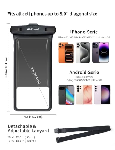 wellhouse Waterproof Phone Pouch, Waterproof Phone Case for iPhone 17 16 15 14 13 Pro Max XS Samsung, IPX8 3D Cellphone Dry Bag Beach Essentials (2 Pack - Black & White8.0, 8 inch) - color: 2 Pack - Black & White8.0"