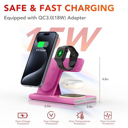 3 in 1 Foldable Charging Station for Apple Wireless Charger - color: Rose Pink