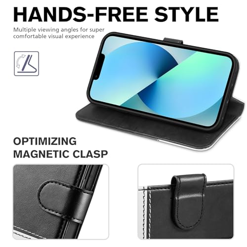 TUCCH Case Wallet for iPhone 13 (6.1"), RFID Blocking Folio, Black & White | 3 Card Holders, Kickstand, PU Leather, Magnetic Closure, Shockproof TPU Shell, Protective Flip Cover - color: Black & White