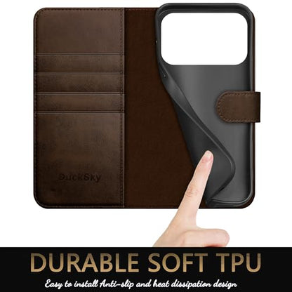 DuckSky Compatible with iPhone 17 Pro Max 6.9" Genuine Leather Wallet case【RFID Blocking】【4 Credit Card Holder】【Real Leather】 Flip Phone case Cover Women Men for Apple 17 Pro Max case Brown - color: Brown