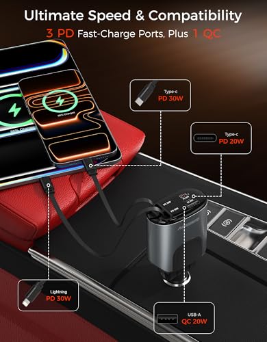 Retractable Car Charger 100W, Phone Charger USB C Fast Charging, 4 in 1 | Cigarette Lighter Adapter for iPhone 17 16 15 14 13 12 11 Samsung Pixel, Travel Essentials Car Accessories Gifts for Him Her