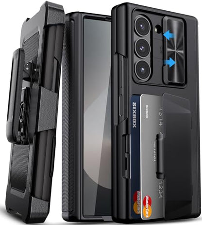 for Samsung Galaxy Z Fold 6 Case, Card Holder & Belt Clip, Black - color: Black-B