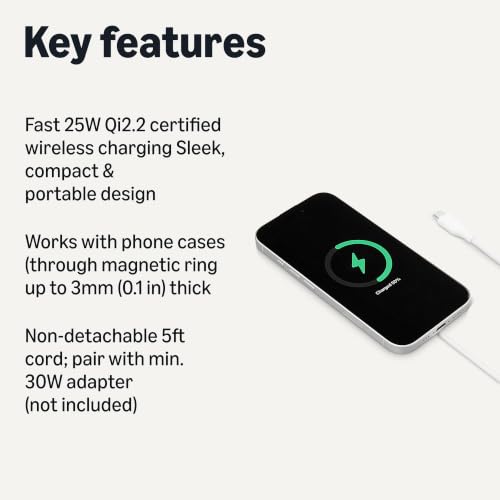 Amazon Basics 25W Qi2.2 Certified Wireless Charging Pad, MagSafe Compatible for iPhone 17/16/15/14/13/12, Magnetic Compatible for Android, Google Smartphones, White (Adapter Not Included) - color: White