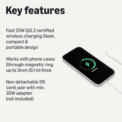 Amazon Basics 25W Qi2.2 Certified Wireless Charging Pad, MagSafe Compatible for iPhone 17/16/15/14/13/12, Magnetic Compatible for Android, Google Smartphones, White (Adapter Not Included) - color: White