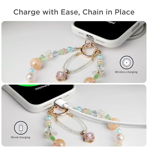 POSADINA Phone Charm for Women, Anti-Theft Phone Wrist Strap Hands-Free & Beaded Chain, Detachable Cell Phone Lanyard with Tether Tab - color: Forest Whisper