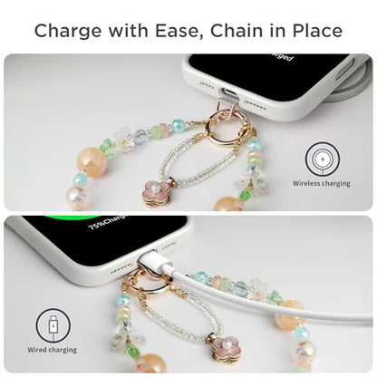 POSADINA Phone Charm for Women, Anti-Theft Phone Wrist Strap Hands-Free & Beaded Chain, Detachable Cell Phone Lanyard with Tether Tab - color: Forest Whisper