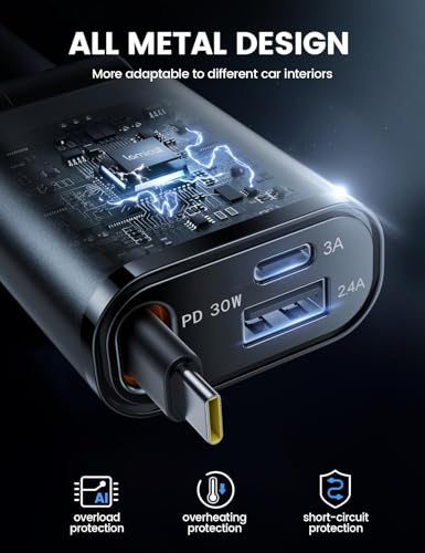 Lamicall Retractable Car Charger USB C 57W Charging for iPhone 18 17 16 Duo - color: Dark grey