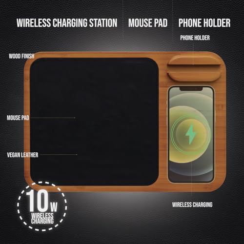 Oliver Gray Mousepad with Wireless Charger - 3-in-1 Wooden Wireless Charging Station & Phone Holder, Premium Vegan Leather Desk Charger Mat for iPhone, Android