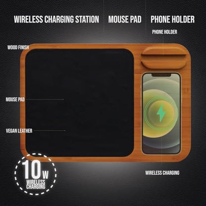 Oliver Gray Mousepad with Wireless Charger - 3-in-1 Wooden Wireless Charging Station & Phone Holder, Premium Vegan Leather Desk Charger Mat for iPhone, Android