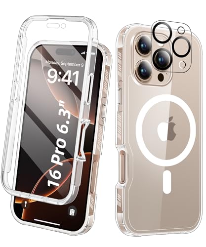 Compatible with iPhone 16 Pro Case Clear, Built-in Screen Protector, with Camera Lens Protector, [Compatible with MagSafe] Full Body Phone Case, Protective Cover for 16Pro 6.3" (Clear) - color: Magnetic Clear, size: iPhone 16 Pro 6.3"