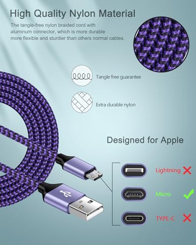 PS4 Controller Charging Cable with Dual USB Charger Block – Micro USB Cable - color: Purple, style: Micro