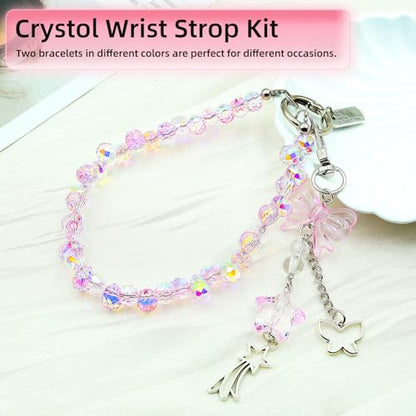 Crystal Beaded Phone Wrist Strap, Cute Cellphone Lanyard Chain, Bow Keychain Wristlet Bag Charms for Women - color: Pink