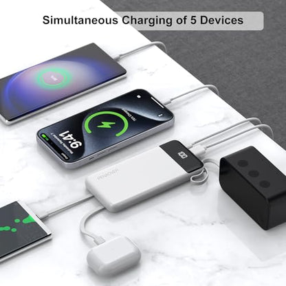Portable Charger Built-in Cables,10000mAh Fast Charge Power Bank for iPhone - color: White