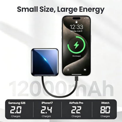 Mini Portable Charger for iWatch 12000mAh, Power Bank with Built-in Cables - color: Shiny Black